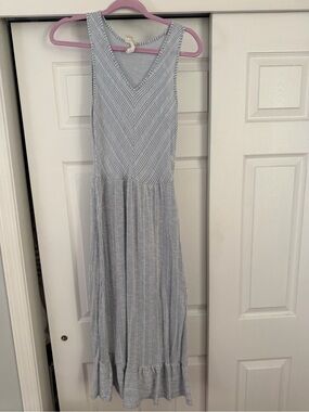 Striped V-Neck Midi Dress in Light Blue